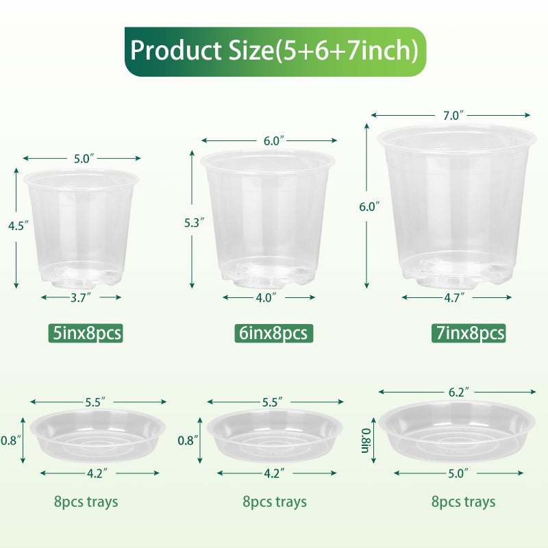 HQAUT 24 Pack 7/6/5 Inch Clear Nursery Pots with Drainage and Saucers  Durable Clear Plant Pots  Plastic Nursery Pots for Plants  Seed Starting Pots(5+6+7 inch) - Image 4